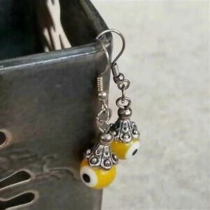 Handmade Evil Eye Yellow Lampwork Glass Beads Protective Talisman Drop Earrings